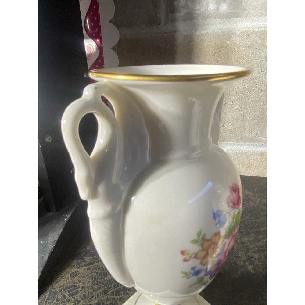 Pair Of Lenox Rose Swan Empire Trophy Vase W/ Swan Handles Green Mark 2262/ J300